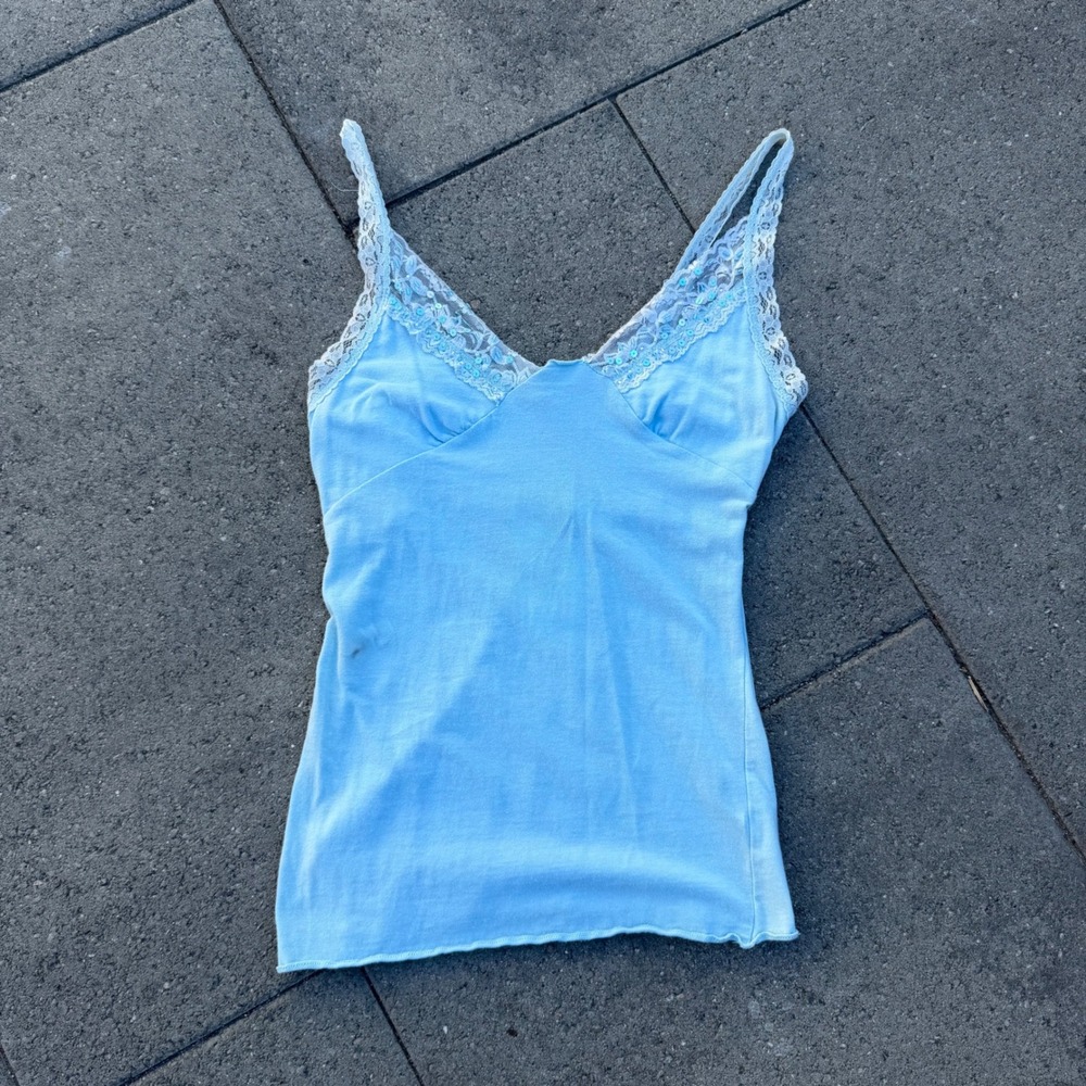 Pout Y2K Light Blue Lace Sequin Trim Cami Top Size L
